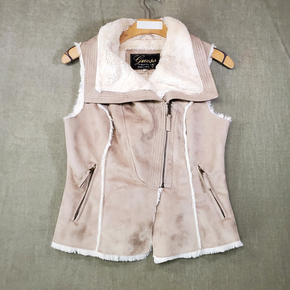 Guess Vest Women Large Tan Excellent Faux Suede Fur Trim Moto W2422CMS934